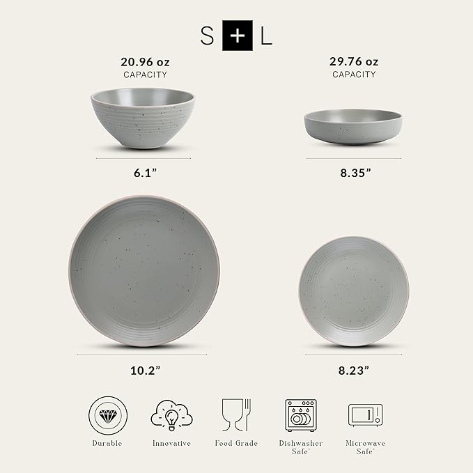 Stone Lain Lauren Stoneware Rustic Plates and Bowls Set Dinnerware Service for 8 Speckled Green Dishwasher &amp Microwave Safe 32-Piece