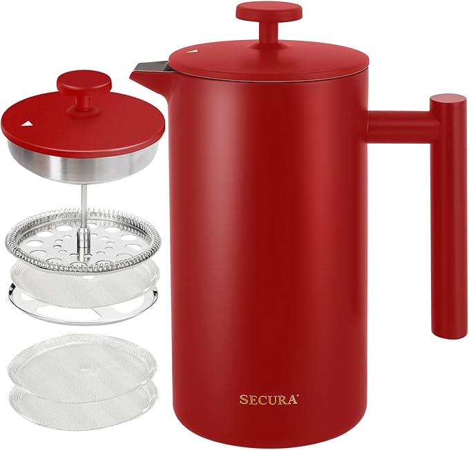Secura French Press Coffee Maker 304 Grade Stainless Steel Insulated Coffee Press with 2 Extra Screens 34oz (1 Litre) Red