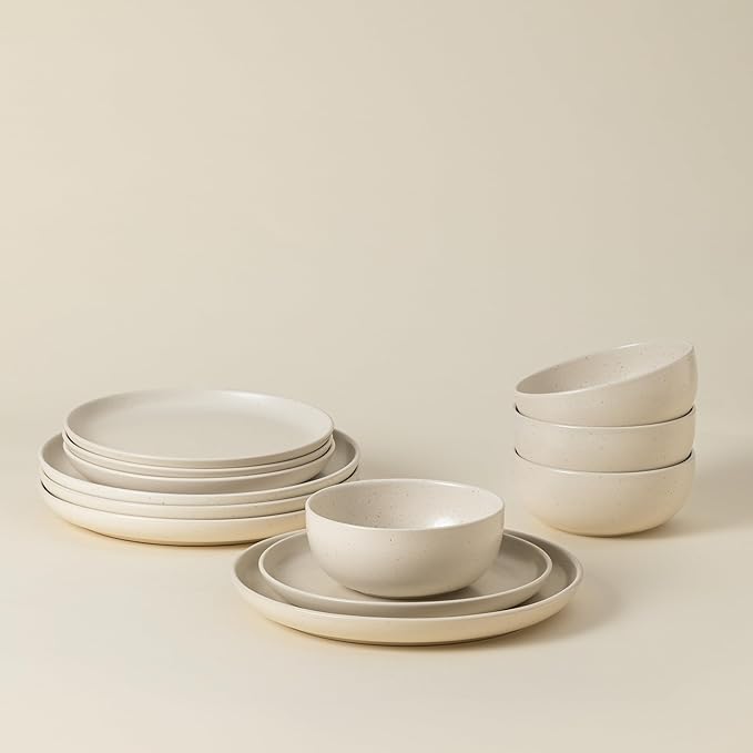 Casafina Ceramic Stoneware 12-Piece Place Setting Service for 4 Pacifica Collection Vanilla | Microwave &amp Dishwasher Safe Dinnerware Set | Food Safe Glazing | Restaurant Quality Tableware