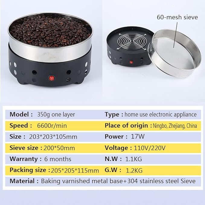 Electric Coffee Bean Cooler Household Coffee Beans Roasters Cooling Machine Coffee Roasters Cool Maker for Home Kitchen With 304 Stainless Steel Mesh 350G Double Layer Collect Coffee Chaff 110V