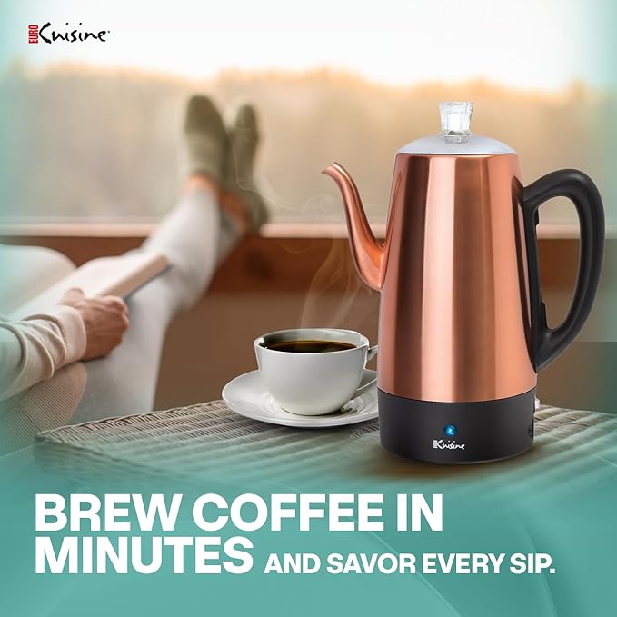 Euro Cuisine PER12 Stainless Steel Electric Coffee Percolator 12 Cup Polished Copper Finish Dripless Gooseneck Spout Clear Glass Knob Brewing Indication Keep-Warm Function Detachable Cord
