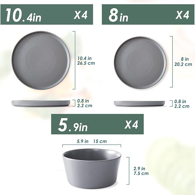 Asrug Gray 12-Piece Plates and Bowls SetsCeramic Dish Sets for 4 Chip Resistant and Scratch Dinnerware Set Dining Dinner Porcelain Dishware Microwave and Dishwasher Safe (Gray)