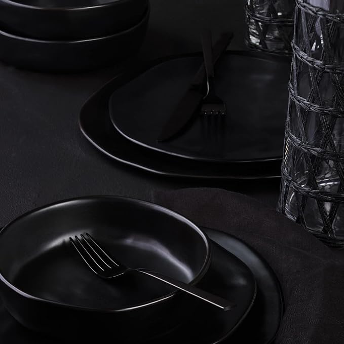 Stone by Mercer Project HEKONDA Modern Stoneware 16-Piece Dinnerware Set Plate and Bowl Set Dish Set for 4 Black