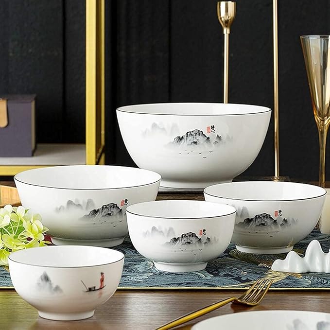 Chinese Dinnerware Set for 4/6/12 Black and White Plates and Bowls Porcelain 18 Pieces