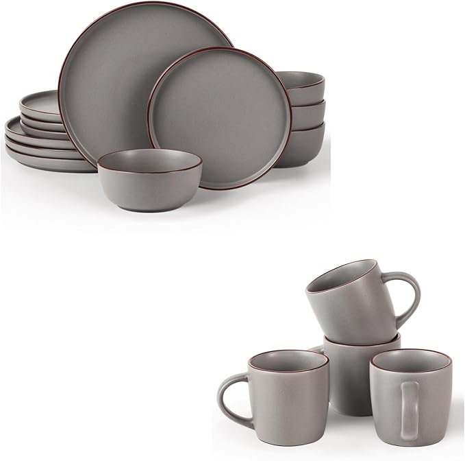 Famiware Mercury 16 Pieces Dinnerware Set with Plates and Bowls and Coffee Mugs Dish Set Service for 4 Stoneware Kitchen Dishes Dinner Sets - Matte Full Glaze Dark Grey