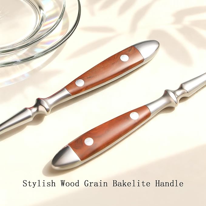 Sporks 8-Pack Stainless Steel Sporks 6.9 Inches Salad Forks and Spoons with Wood Grain Bakelite Handle For Dessert Ice Cream Salad Soup Noodle Spaghetti Dishwasher Safe