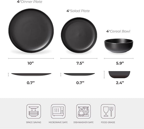 12-Piece Stoneware Dinnerware Set with Mugs | Microwave and Dishwasher Friendly | Stackable Matte Glaze Plates &amp Bowls | Service for 3 (Black for 4)