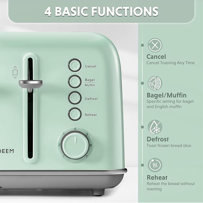 BUYDEEM DT640 Retro 4 Slice Toaster 7 Shade Settings Extra Wide 1.5'' Slots Stainless Steel Toaster with Bagel Muffin Defrost Reheat Function Green