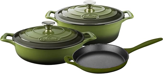 La Cuisine LC 2750 5 Piece Enameled Cast Iron Oval Casserole Cookware Set Olive Green
