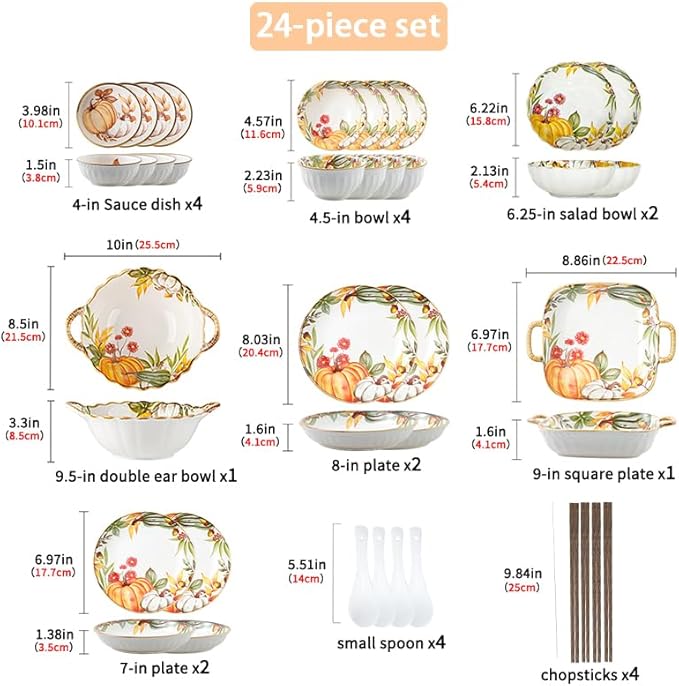 24-piece pumpkin pattern plates and bowls set - microwave and oven safe kitchen plates and bowls set dishware sets for diningfall dinnerware