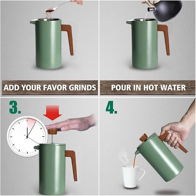 1000ML Green French Coffee Maker Stainless Steel Metal Press With Wooden Handle