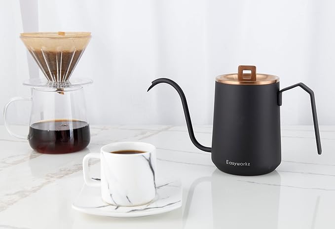 Easyworkz Gooseneck Pour Over Coffee Kettle 20 oz Stainless Steel Hand Drip Coffee Pot With Long Narrow Spout Rose Gold Black