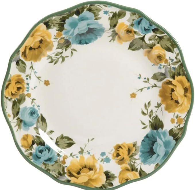 Rose Shadow 12-Piece Floral Ceramic Dinnerware Set – Service for 4 – Scalloped Edge Plates &amp Bowls – Microwave &amp Dishwasher Safe. Blue &amp Yellow Floral Country Design