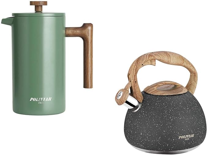 POLIVIAR 34 oz French Press Coffee Maker &amp 2.7 Quart Tea Kettle Combo Package Food Grade Stainless Steel for Good Coffe and Tea