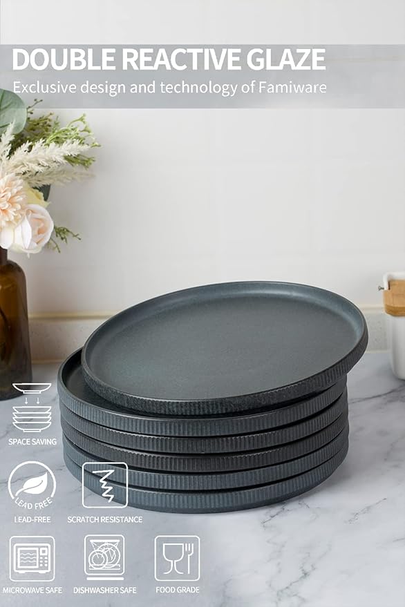 famiware 8.25 Paste Bowl Set (4 Piece) and 10 Dinner Plates for 6 - Matte Dark Charcoal