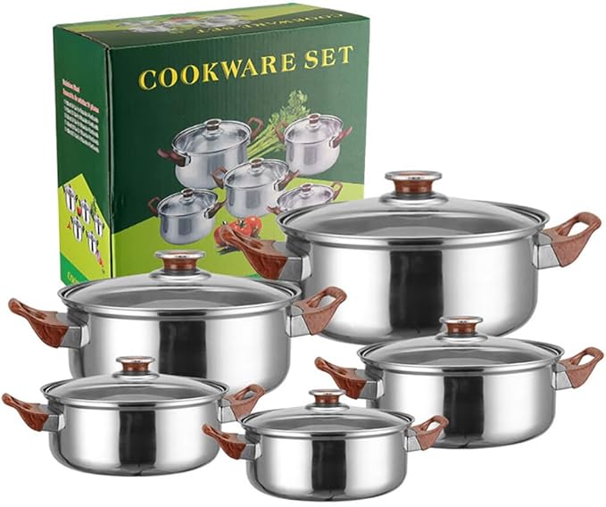 Nonstick Kitchen Cookware Sets Stainless Steel Cookware Pot Stainless Steel Cooking Pot Set with Glass Lids for Gas Electric Halogen Ceramic Induction Hobs