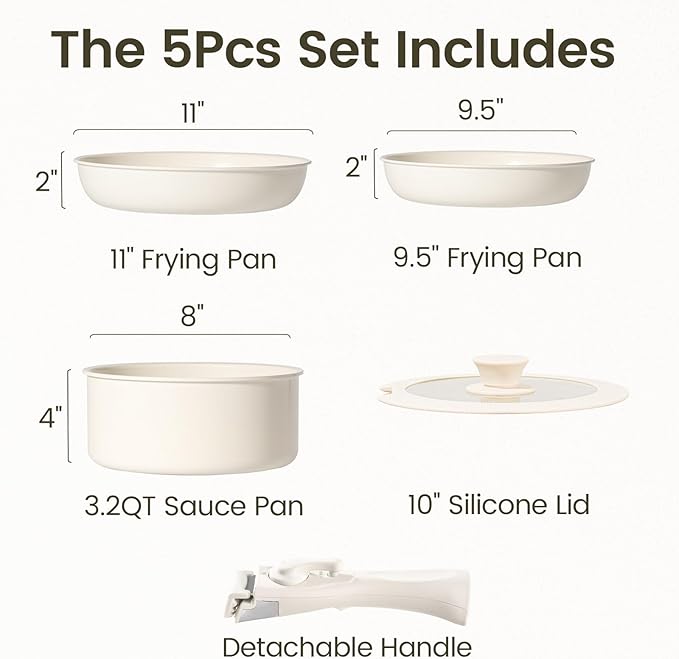 Chef Power Ceramic Nonstick Cookware Set 5 Piece with Detachable Handle Induction Dishwasher Oven Safe Pans and Pots Set RV Kicthen Set Removable Handle Cream White
