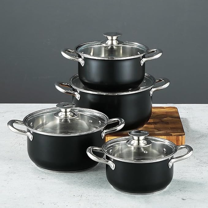8-Piece Stainless Steel Stock Pot Set with Glass Lids Multi-Purpose Sauce &amp Casserole Cooking Pot Set Basic Small Saucier Pan Set