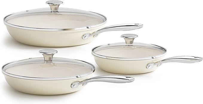 Redchef Nonstick Cookware Sets Frying Pan Set with Tempered Glass Lids Ceramic Cookware Set Stay-Cool Handles Dishwasher &amp Oven Safe Compatible with All Cooktops Beige (8+9.5+11 Inch)