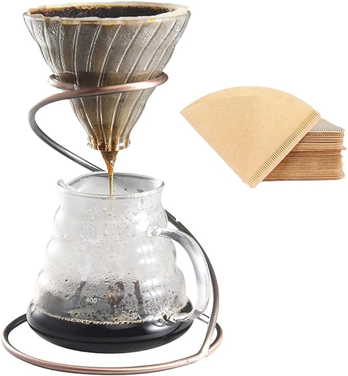 Pour Over Coffee Maker Set - Glass Dripper Metal Stand 600ml Heat-Resistant Server 40 Filters - 4 in 1 for Home or Office (Bronze)