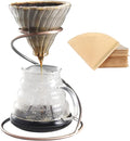 Pour Over Coffee Maker Set - Glass Dripper Metal Stand 600ml Heat-Resistant Server 40 Filters - 4 in 1 for Home or Office (Bronze)
