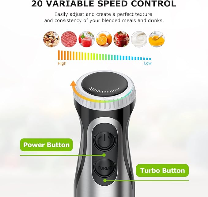 Bonsenkitchen Immersion Handheld Blender with Whisk 20-Speed &amp Turbo Mode Hand Blender Stick 500W 304 Stainless Steel Hand Blender for Soup Smoothie Puree Baby Food