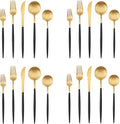 Matte Gold Silverware Set with black handle Bysta 20-Piece Stainless Steel Flatware Set Kitchen Utensil Set Service for 4 Tableware Cutlery Set for Home and Restaurant Dishwasher Safe