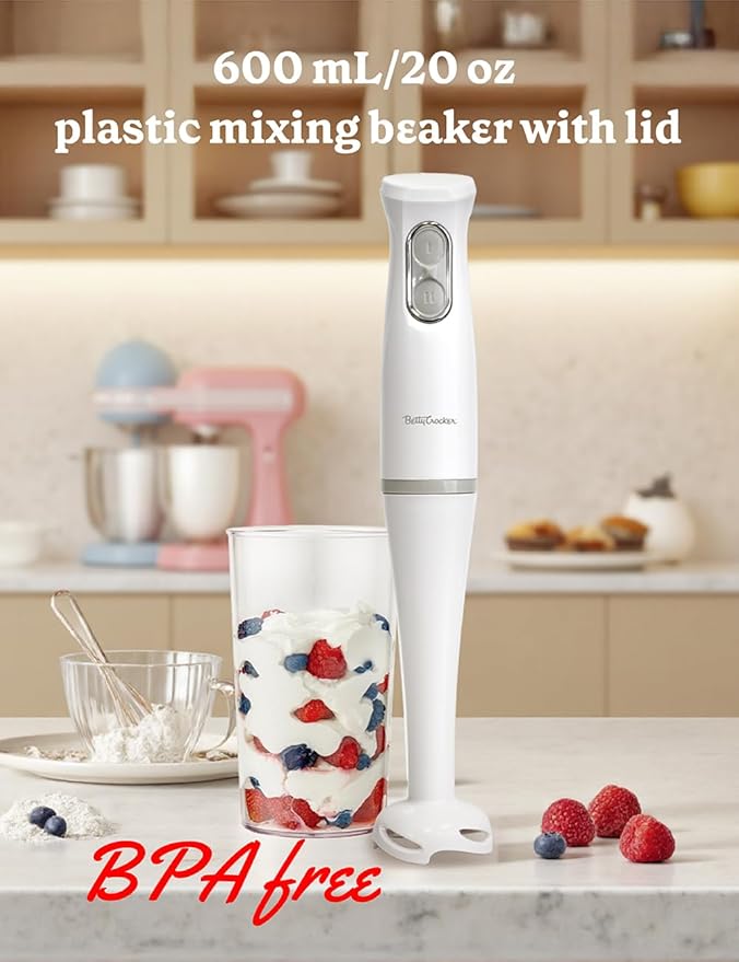 Betty Crocker 2-Speed Hand Blender with 20-Ounce Mixing Beaker Immersion Blender 300W Motor 450W Peak Power Soft-Touch Pulse Control Stainless Steel Blade BPA Free BC-4307W White