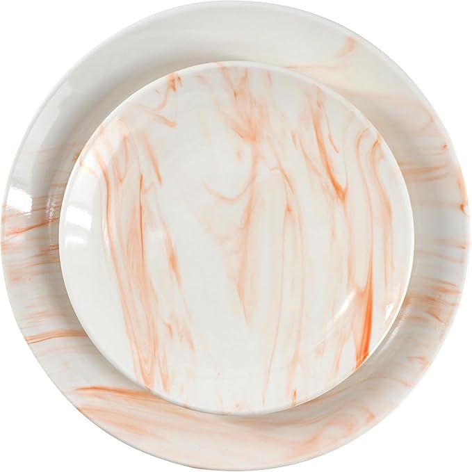 16 Piece Porcelain Marble Dinnerware Set in Red and Orange – Service for 4 Dishwasher &amp Microwave Safe (Orange)