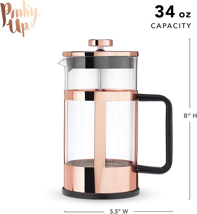 Pinky Up Piper Tea Press Pot Coffee Maker French Press for Loose Leaf Tea and Coffee Hot or Iced Beverage Brewer 34 oz Rose Gold