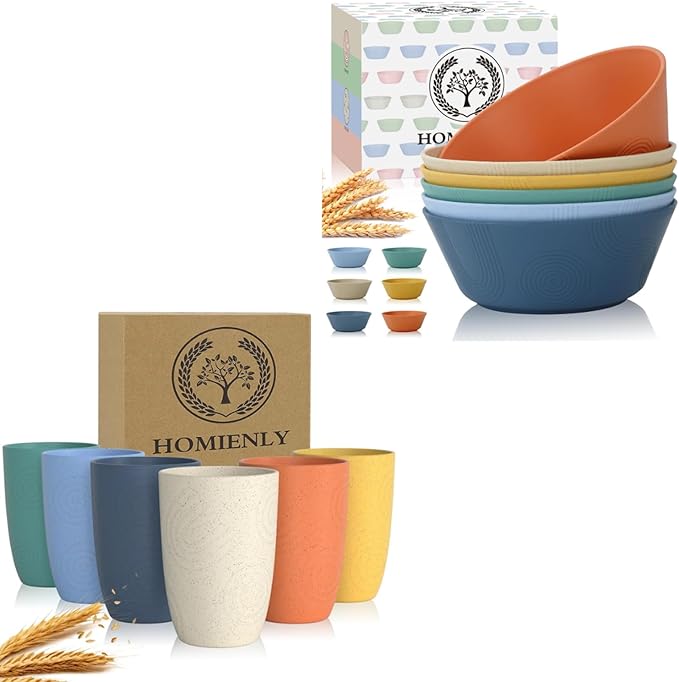 Homienly Wheat Straw Dinnerware Set Deep Dinner Plates Drinking Glasses Unbreakable Cups Microwave and Dishwasher Safe BowlsSoup Bowl Sets Dishes Set 20 PCS - Multi Color