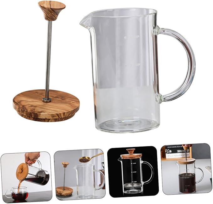 Toyvian Borosilicate Glass Coffee Pot with Lid Plunger Kettle for Loose Tea and Home Brewing Heat Resistant Professional Coffee Maker with Flavor-extracting Mesh and Measurement Scale