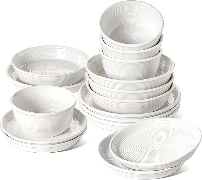 LE TAUCI Dishes Set with Pasta Bowls for 4 Stoneware Dinnerware Set 10 Dinner &amp 8 Salad Plates 6 Bowls 8.5 Pasta (30 oz) Stackable Microwave &amp Dishwasher Safe Ceramic 16-Piece Whit