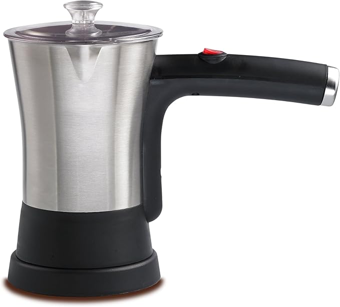 Electric Turkish Coffee Maker with 800W Heating Element – 4 Cup Stainless Steel Pot with Swivel Base One-Hand Operation &amp Boil Dry Protection
