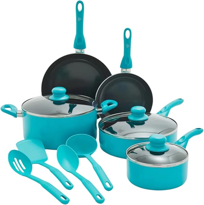 Essentials 12pc Ceramic Nonstick Aluminum Cookware Set Dishwasher Safe Induction Compatible Includes 3 Frying Pans 2 Sauce Pans with Lids Ladle &amp Spoons Caribbean Blue