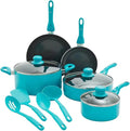 Essentials 12pc Ceramic Nonstick Aluminum Cookware Set Dishwasher Safe Induction Compatible Includes 3 Frying Pans 2 Sauce Pans with Lids Ladle &amp Spoons Caribbean Blue