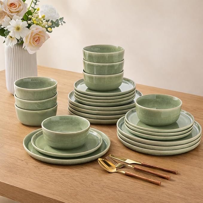 AmorArc Stoneware Dinnerware Sets for 4Round Reactive Glaze Ceramic Plates and Bowls SetHighly Scrath Resistant | Dishwasher &amp Microwave Safe Dishes SetService for 4 (12pc)