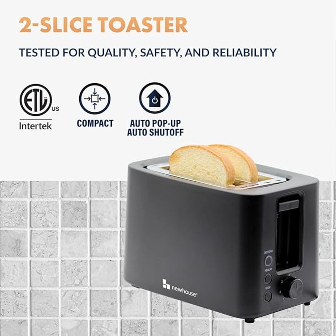 Newhouse 700W Black 2-Slice Toaster with Auto Pop-up and Auto Shut-off NHT-001-BLK Cool-to-Touch Kitchen Appliance and Apartment Essential Kitchen Countertop Staple for the Modern Home