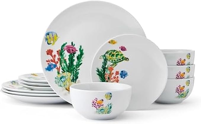 Studio Nova Coastal Ocean Underwater Life 12 Piece Dinnerware Plate Bowl Set Service for 4