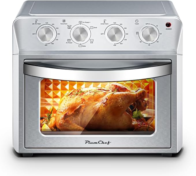 Air Fryer Oven 27.5QT 6-in-1 Countertop Oven Air Fry Bake Broil Toast Warm Dehydrate 4 Knob Control 1600W Family Size Silver