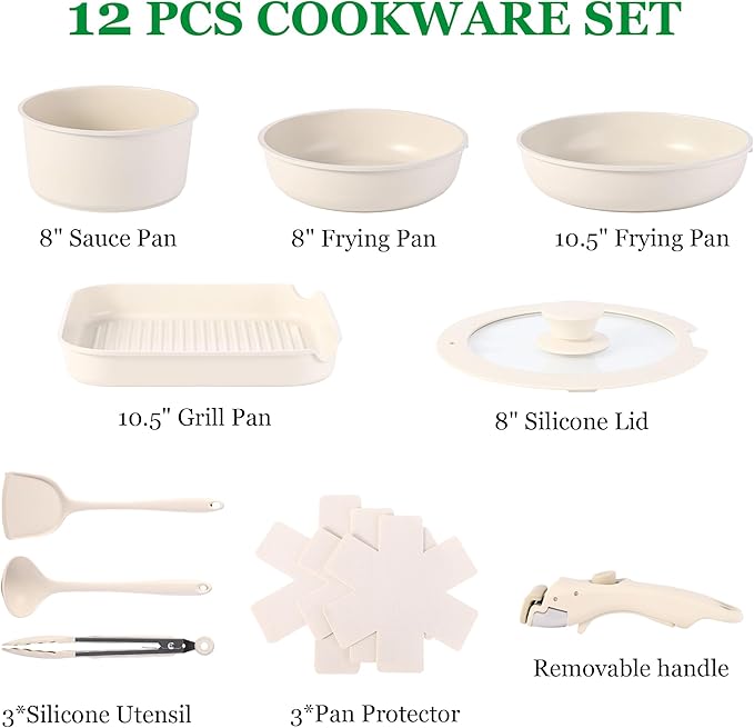 12 PCS Kitchen Cookware Set Aluminum non stick pan Removable &amp microwaveablewith Induction Pot Pan Set for RV CookwareOven Safe PFOA Free(White)