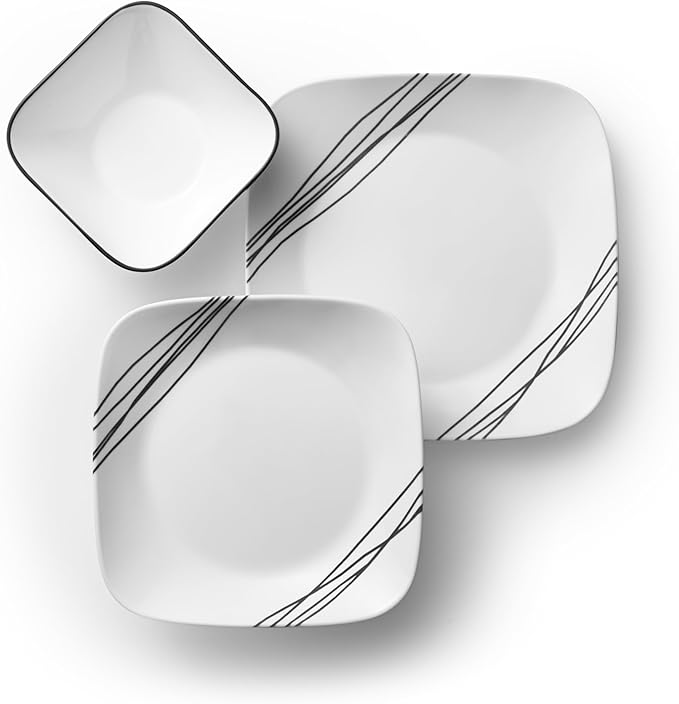 Corelle Vitrelle 18-Piece Service for 6 Dinnerware Set Triple Layer Glass and Chip Resistant Lightweight Square Plates and Bowls Set Simple Sketch