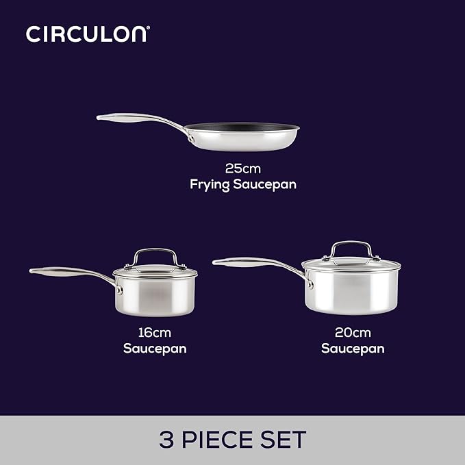 Circulon Scratch Defense Stainless Steel Pan Set: 3 Piece Induction Hob Pan Set with Extreme Non Stick Induction &amp All Hob Suitable