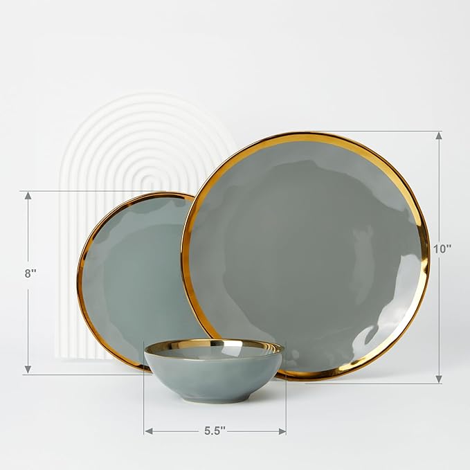 Porcelain Luxury Dinnerware Sets Modern Plates and Bowls Sets for 4 Highly Chip and Crack Resistant Grey and Gold Rim China Dishes Set for Wedding Anniversary