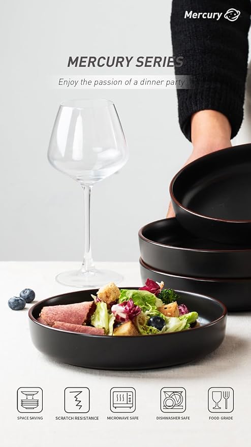 Famiware Venus Dinnerware Sets and Mercury Pasta Bowls Set and Mercury Coffee Mugs Set of 4 20 Pieces Plates and Bowls Sets Microwave and Dishwasher Safe Matte Black