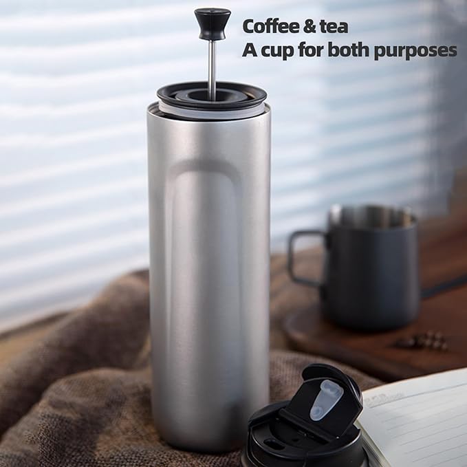 Buachois Portable Insulated French Press Coffee Maker Camping Coffee Makers with Double Wall Sturdy Construction Coffee and Tea Maker for Travel Office Outdoor Adventures (Sandblast)