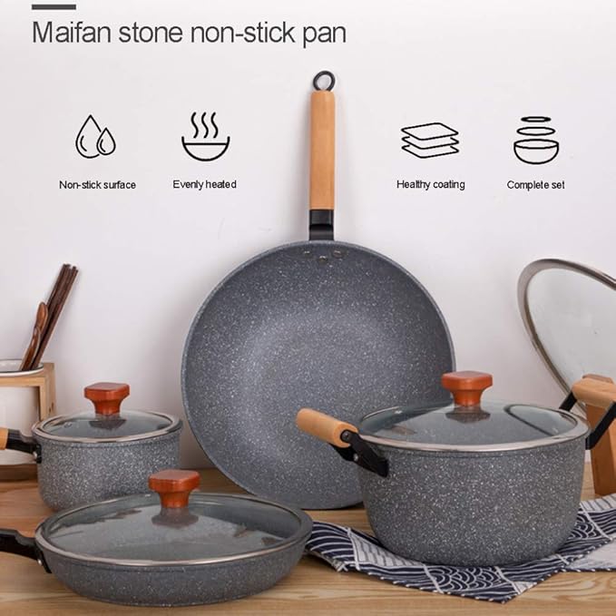 Cooking Pot Cookware Set 4-Piece Marble Coated Pots Sets Milk Pan Soup Pan Wok Frying Pan with Glass Lid