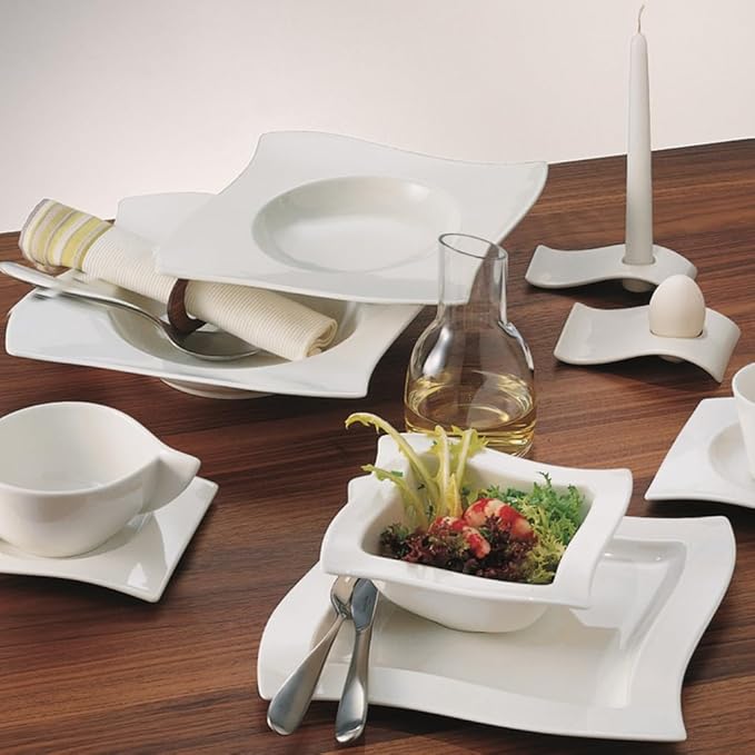Villeroy &amp Boch New Wave 4-Piece Place Setting Dinner Salad Plate Bowl and Mug – Premium Porcelain Dinnerware White
