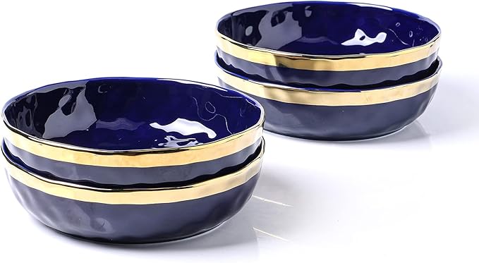 Stone Lain Florian 4-Piece Round Pasta Bowl Set Blue with Gold Rim