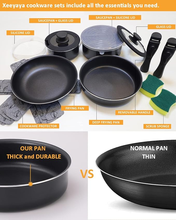 16 Pieces Kitchen Removable Handle Cookware Sets Stackable Pots and Pans Set Nonstick for Induction Gas RVs Camping Space Saving